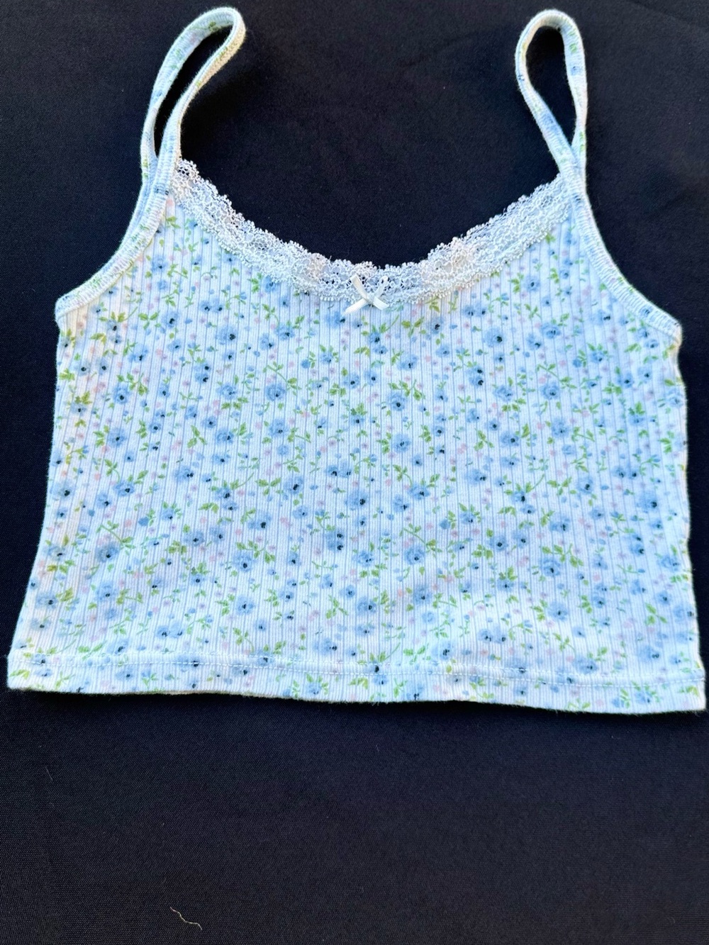 Brandy Melville Light Blue Floral Lace Trim Ribbed Cami